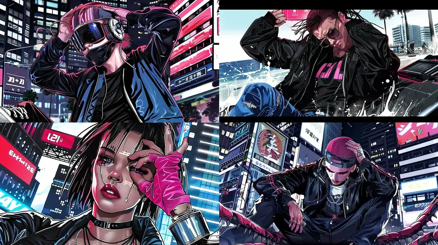 Vibrant Cyberpunk Aesthetic with Dynamic Urban Elements - Midjourney sref style