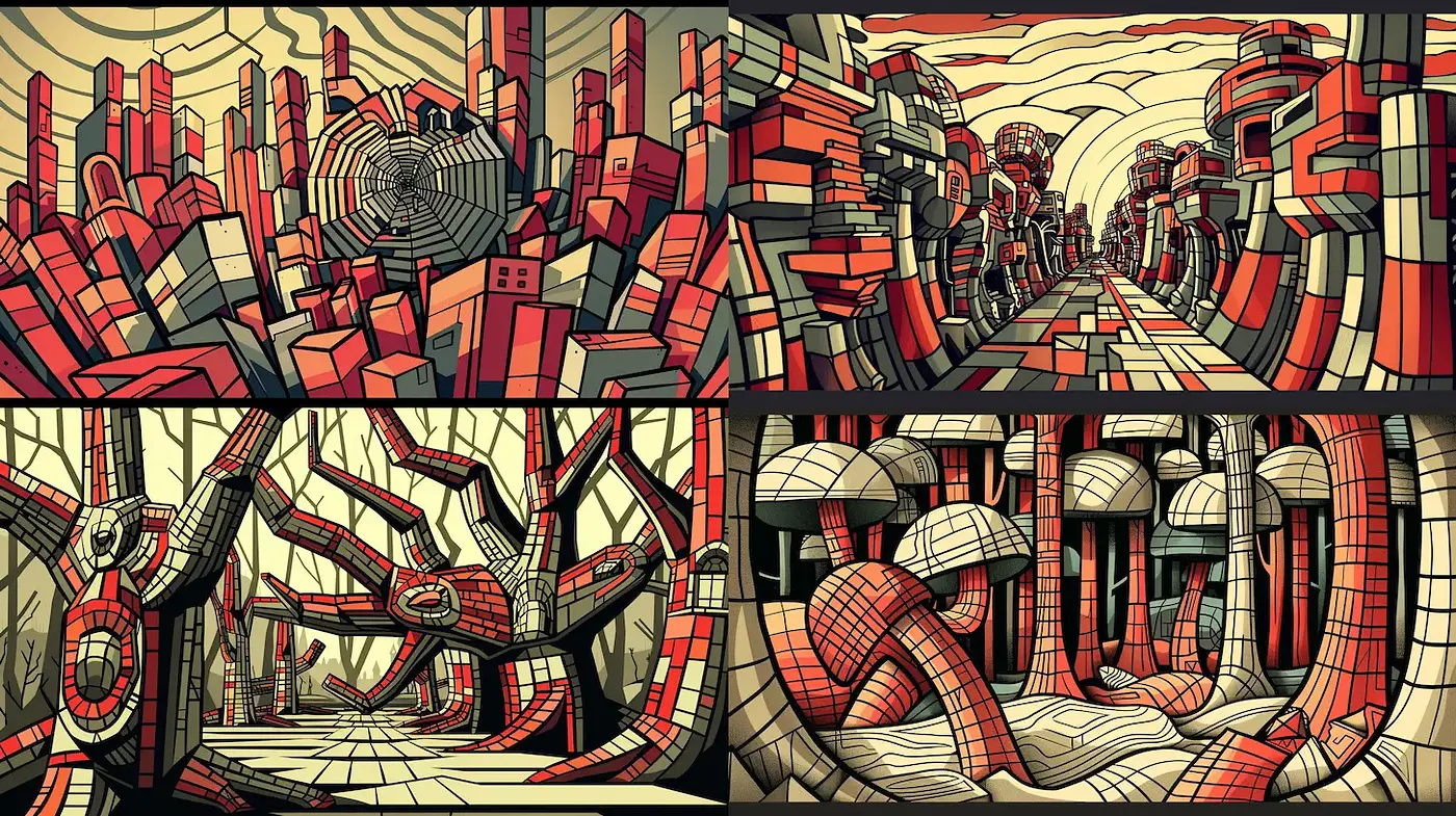 Bold Geometric Landscapes with a Surrealist Edge - Midjourney sref style