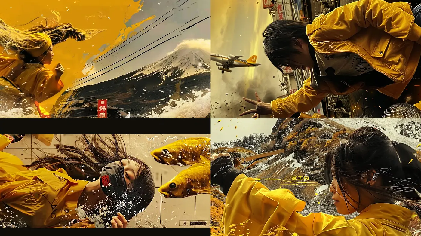 Dynamic Amber Hues and Brushwork Energy: A Fusion of Cinematic and Traditional Japanese Art Aesthetics - Midjourney sref style