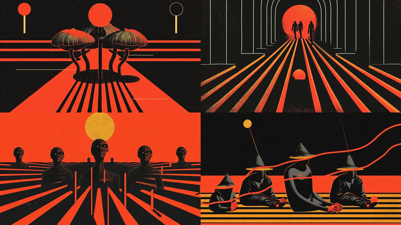 Sunset Noir: Graphical Convergence of Shadows and Warm Hues - Midjourney sref style
