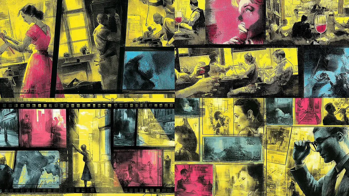 Stylized Collage with Cinematic Noir Influences and Contrasting Color Palette - Midjourney sref style
