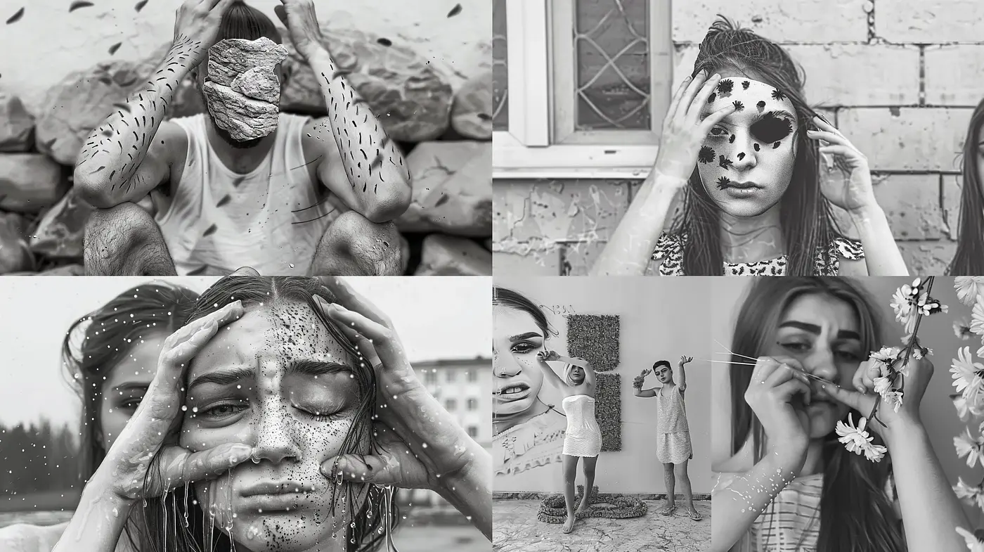 Monochromatic Emotive Portraiture with Textural Embellishments - Midjourney sref style