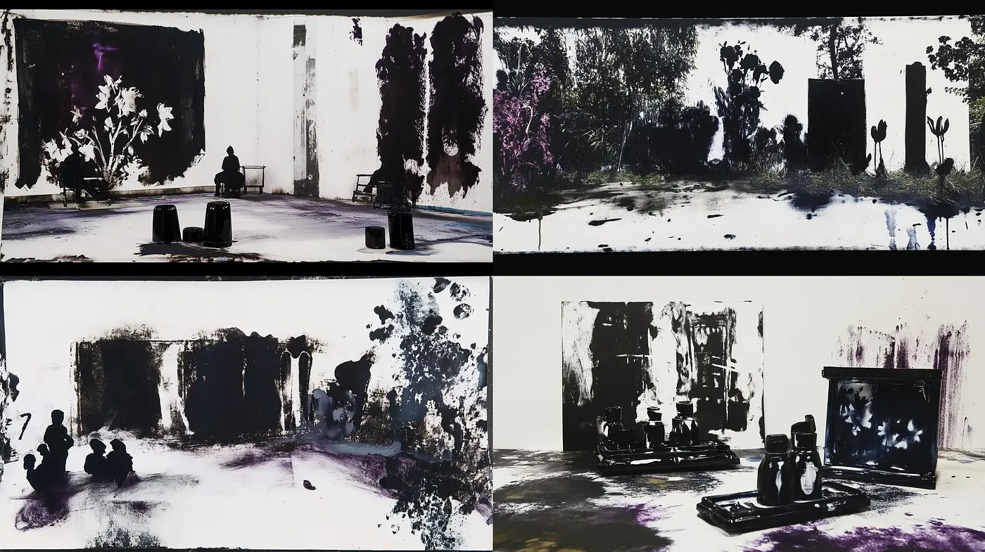 Monochrome Splatter and Drip Dynamics with Abstract Expressionist Influence - Midjourney sref style