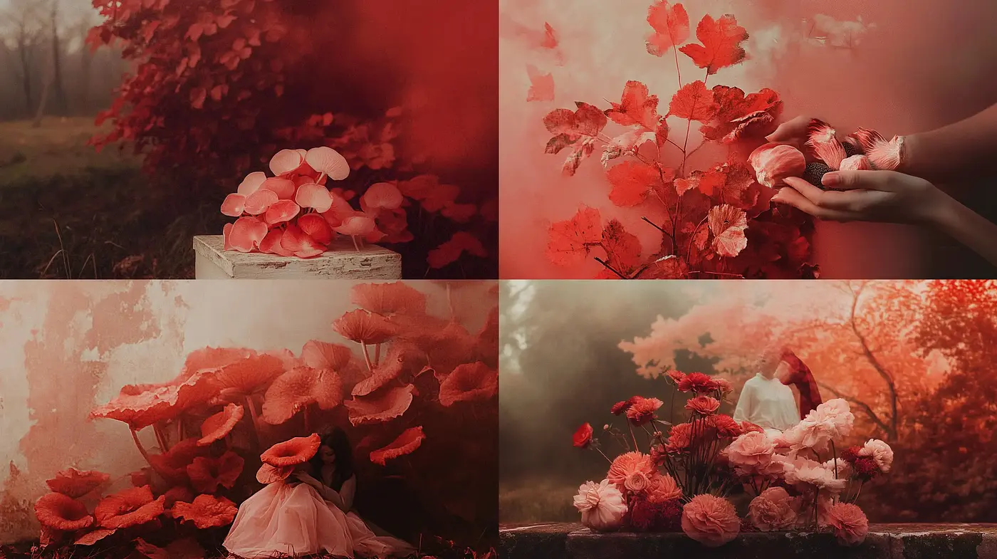 Whimsical Red Botanical Dreamscape - Midjourney sref style