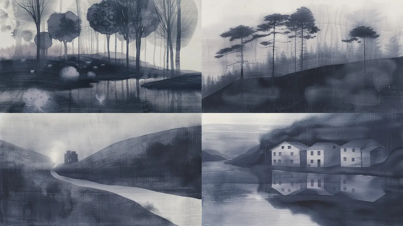 Monochromatic Dreamscape: Ethereal Nature and Solitude - Midjourney sref style