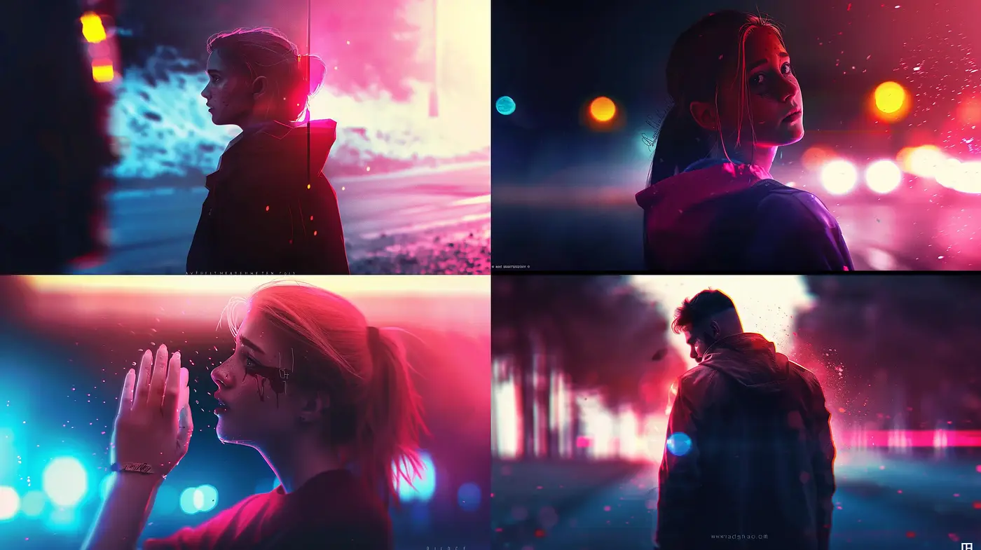 Neon Noir Dreamscape: A Homage to Cinematic Color and Light - Midjourney sref style