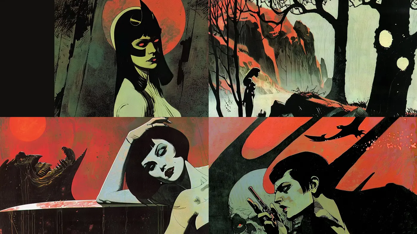 Nocturnal Silhouettes with a Grim and Stylized Comic Noir Aesthetic - Midjourney sref style