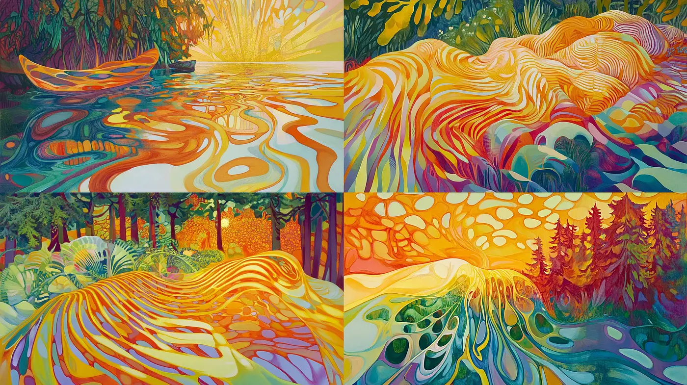 Vibrant Synesthetic Landscapes Blending Nature and Psychedelia - Midjourney sref style