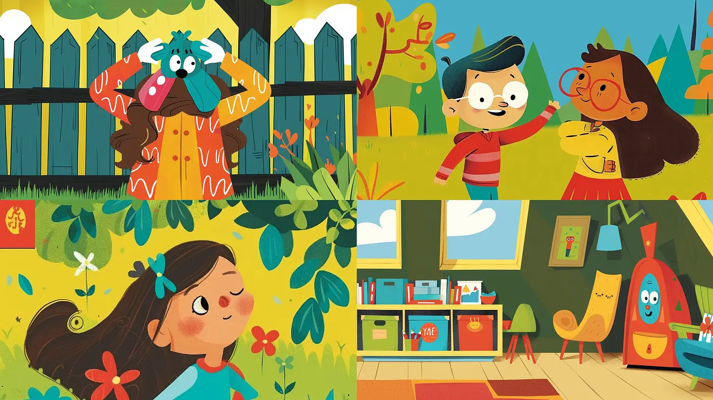 Whimsical Storybook Illustrations with a Retro Palette and Uniform Texturing - Midjourney sref style