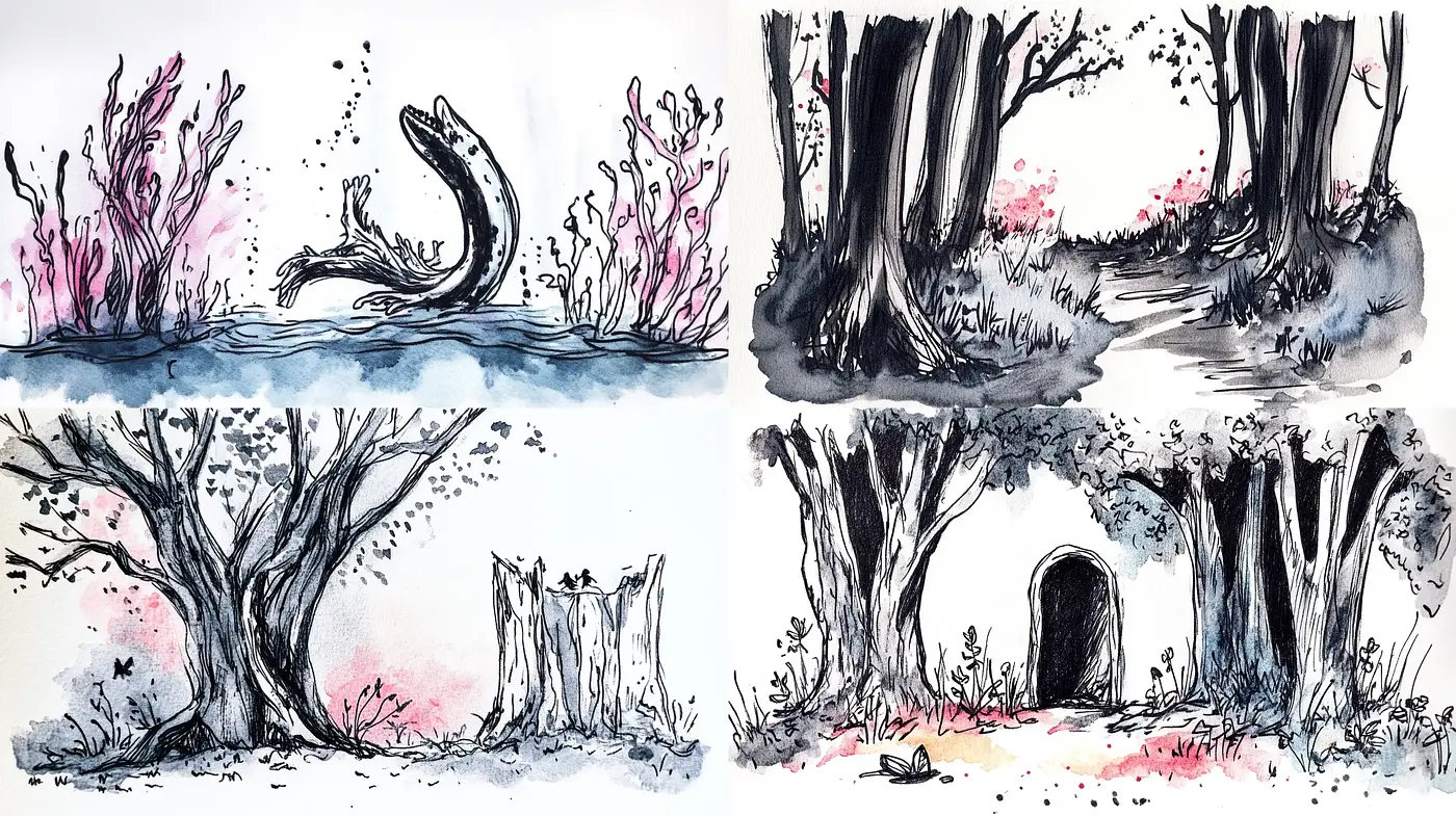 Enchanted Ink-Washed Forest Scenes with Blushes of Color - Midjourney sref style