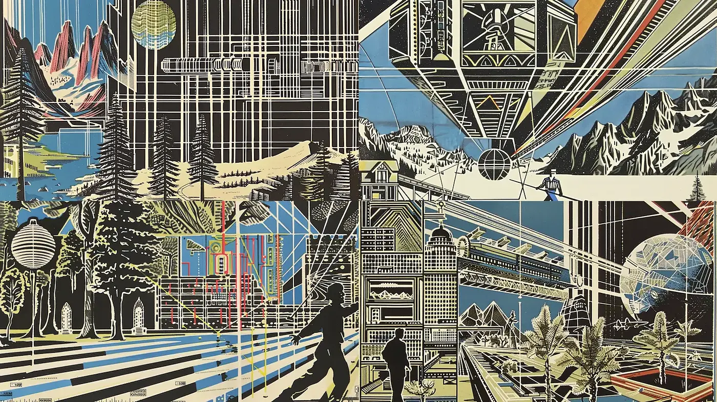 Futuristic landscapes with graphic precision and a nostalgic twist - Midjourney sref style