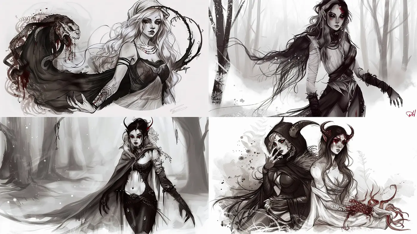Mystique of Monochrome: Ethereal Echoes in Grayscale Illustration - Midjourney sref style