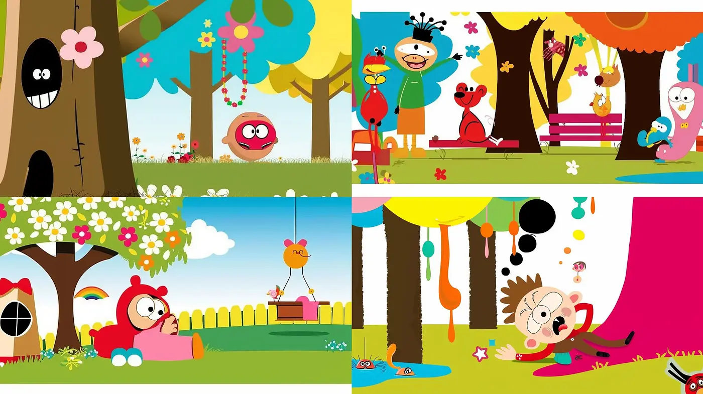 Cheerful Cartoon Sceneries with Bright Contrasting Colors - Midjourney sref style