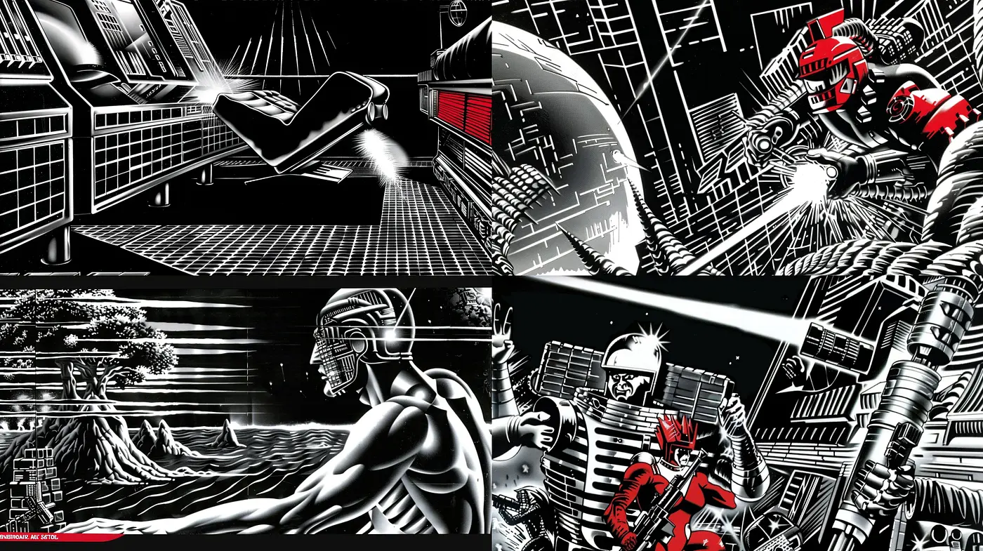 Futuristic Noir Monochrome Visuals with Graphic Novel Influences - Midjourney sref style