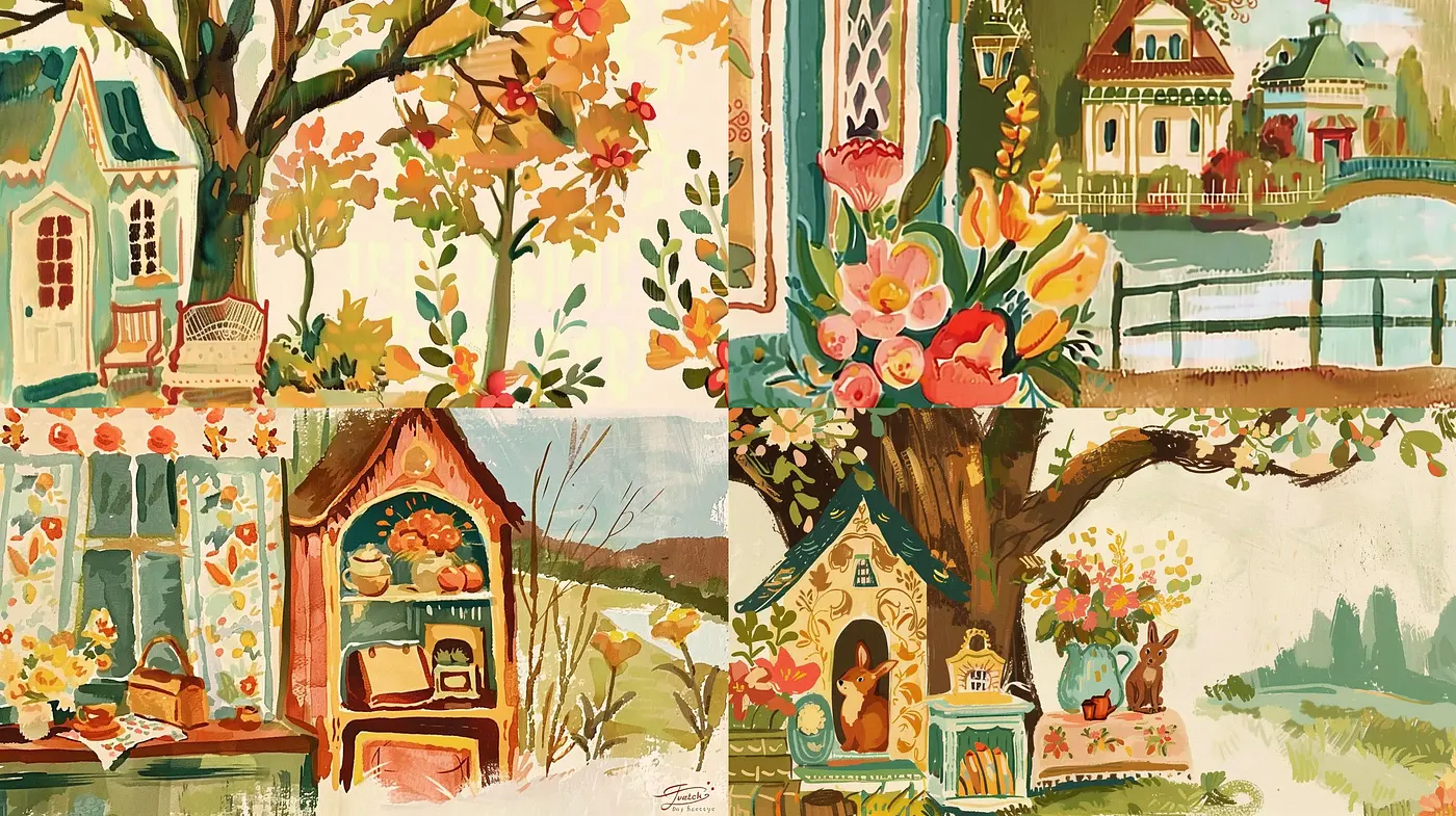 Warm, Whimsical Illustration of Idyllic Pastoral Scenes - Midjourney sref style