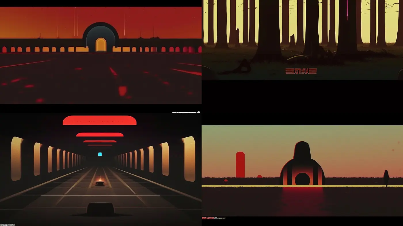 Twilight Hues and Geometric Serenity: A Synthesis of Bold Contours and Muted Ambiance - Midjourney sref style