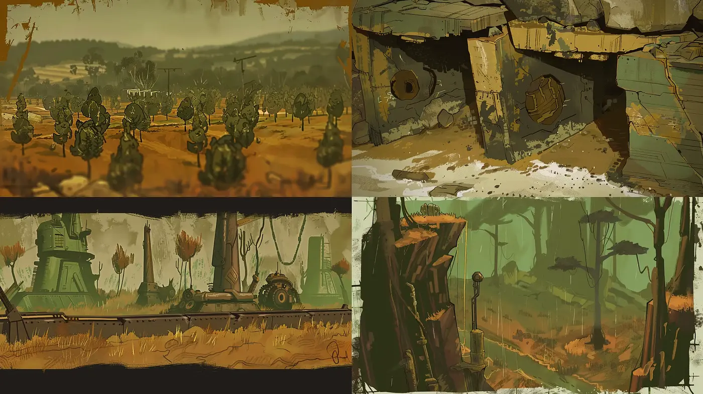 Dusky Hues and Dilapidated Elegance: A Post-Apocalyptic Homage with a Rustic Feel - Midjourney sref style