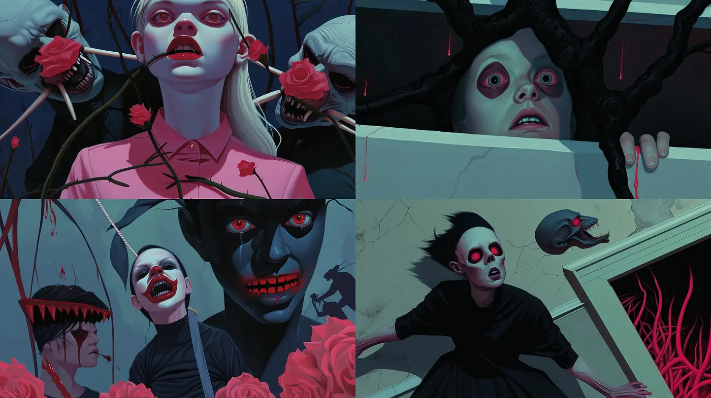 Gothic Elegance with a Surreal Twist: An Exploration in Rose-Tinted Darkness - Midjourney sref style