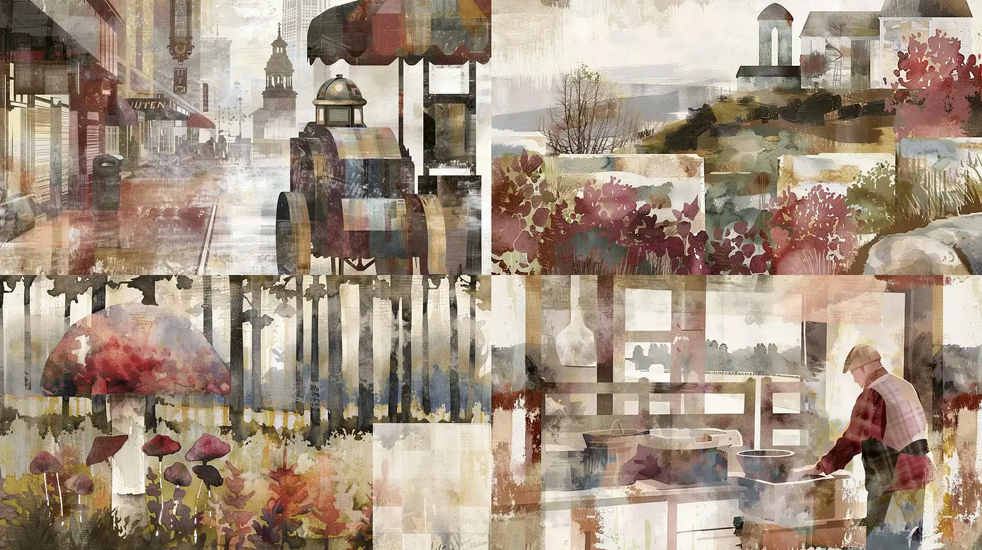 Abstracted Textural Collage with a Time-worn Patina - Midjourney sref style