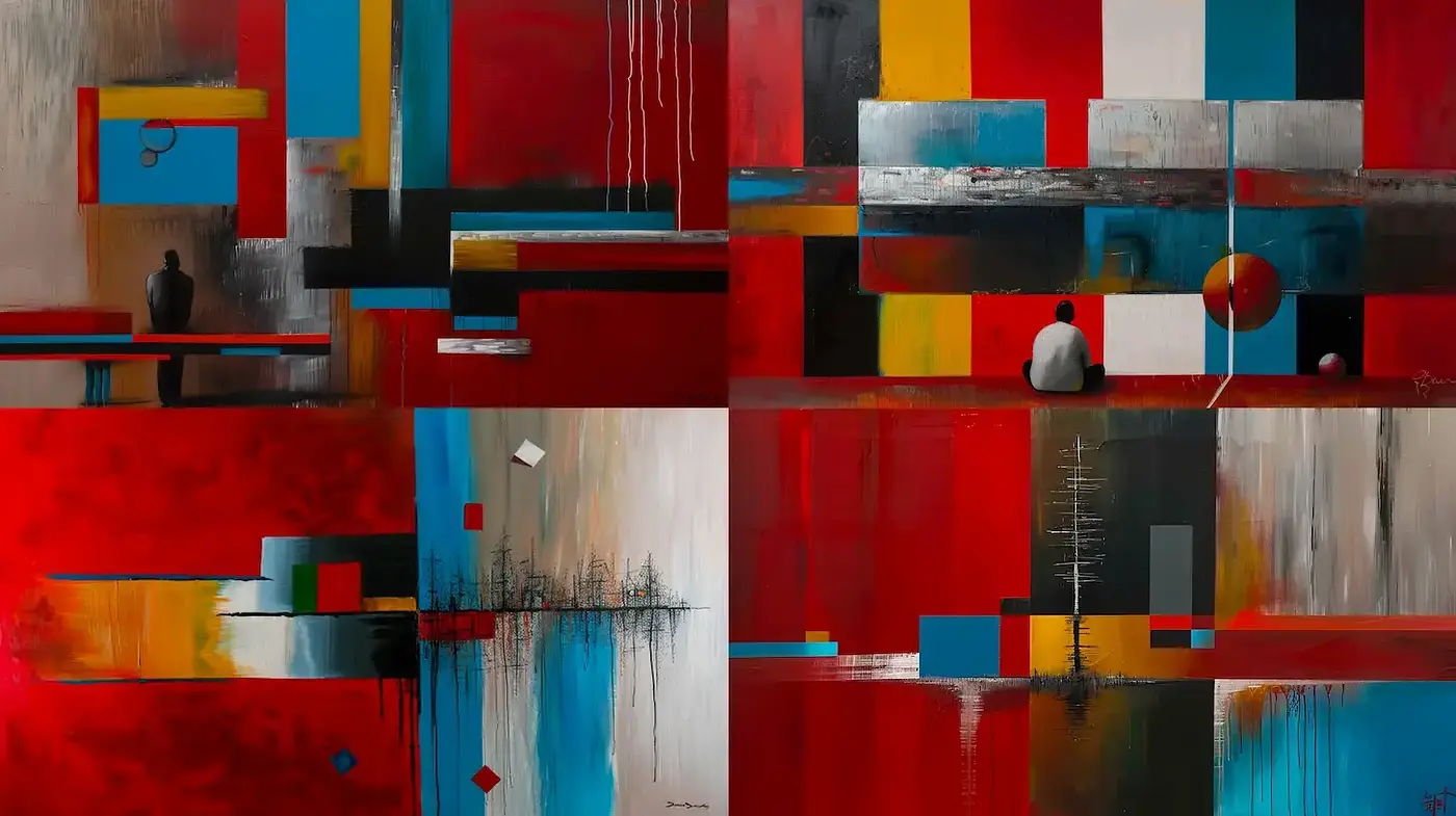 Dynamic Abstract Composition with Bold Geometry and Subdued Figures - Midjourney sref style