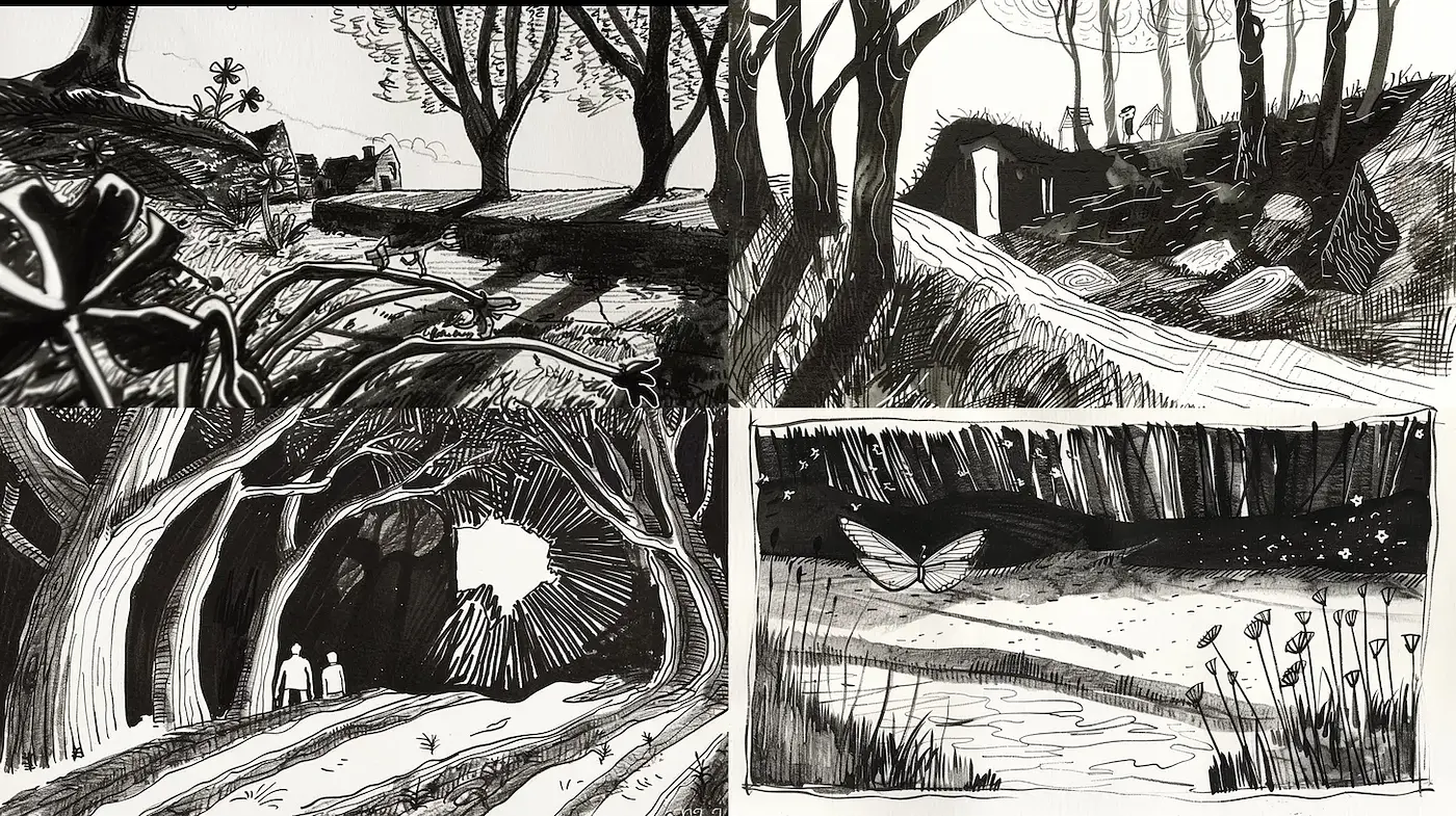 Ethereal Black and White Landscapes with Intricate Textures - Midjourney sref style