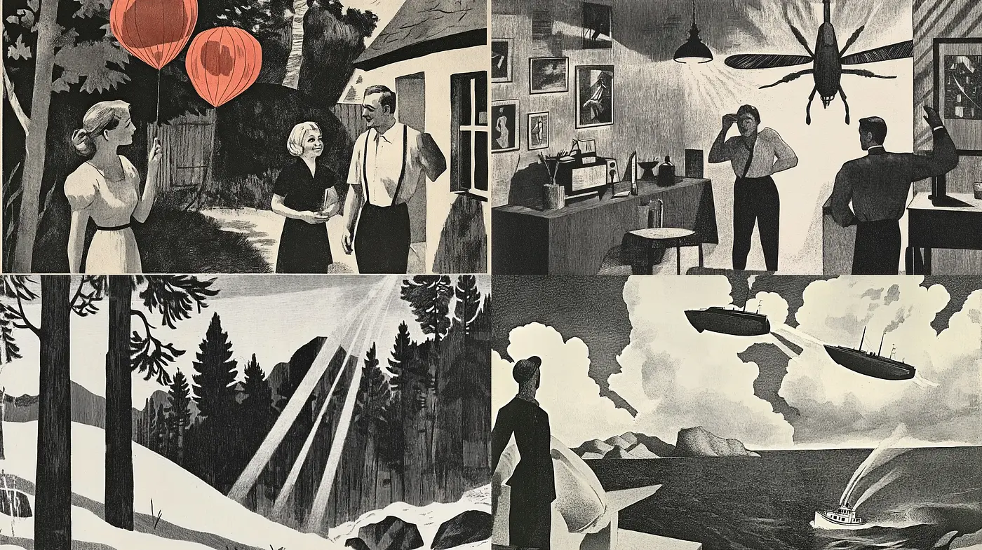 Monochromatic Retro-Futuristic Vignettes - Midjourney sref style