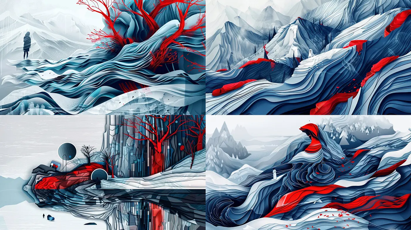 Ethereal Swirls and Vivid Contrasts in Surrealist Digital Landscapes - Midjourney sref style