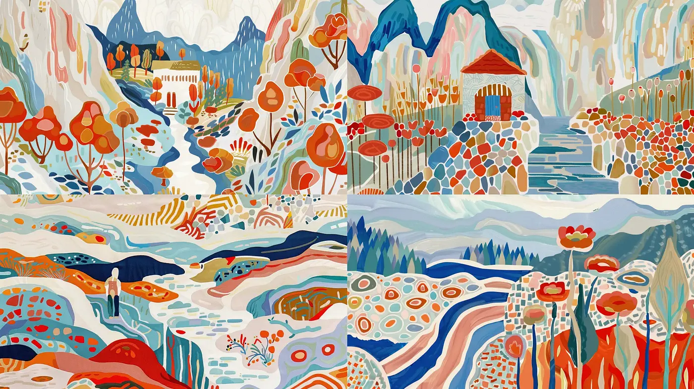 Whimsical Nature Tapestry: A Fusion of Stylized Botanical Forms and Textured Landscapes - Midjourney sref style