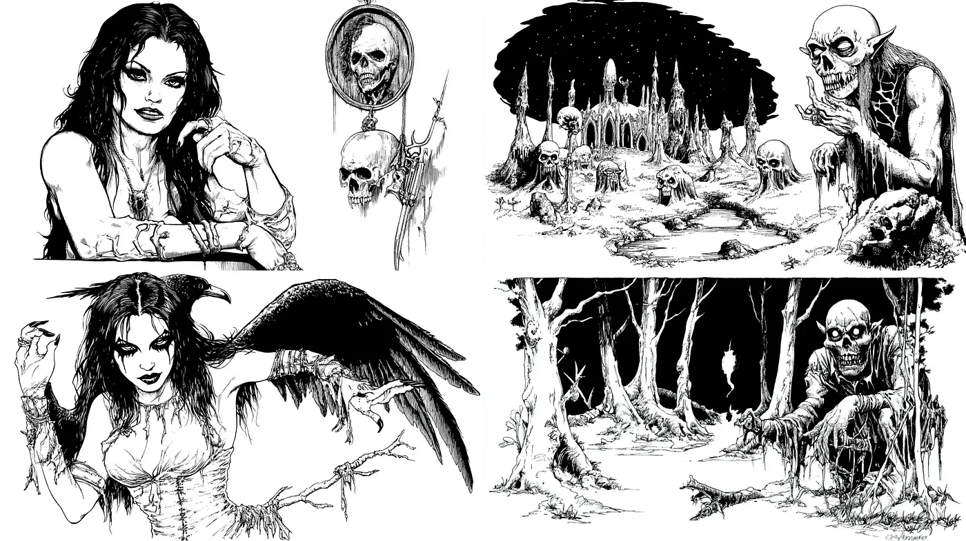Monochrome Gothic Fantasy Illustration Style - Midjourney sref style