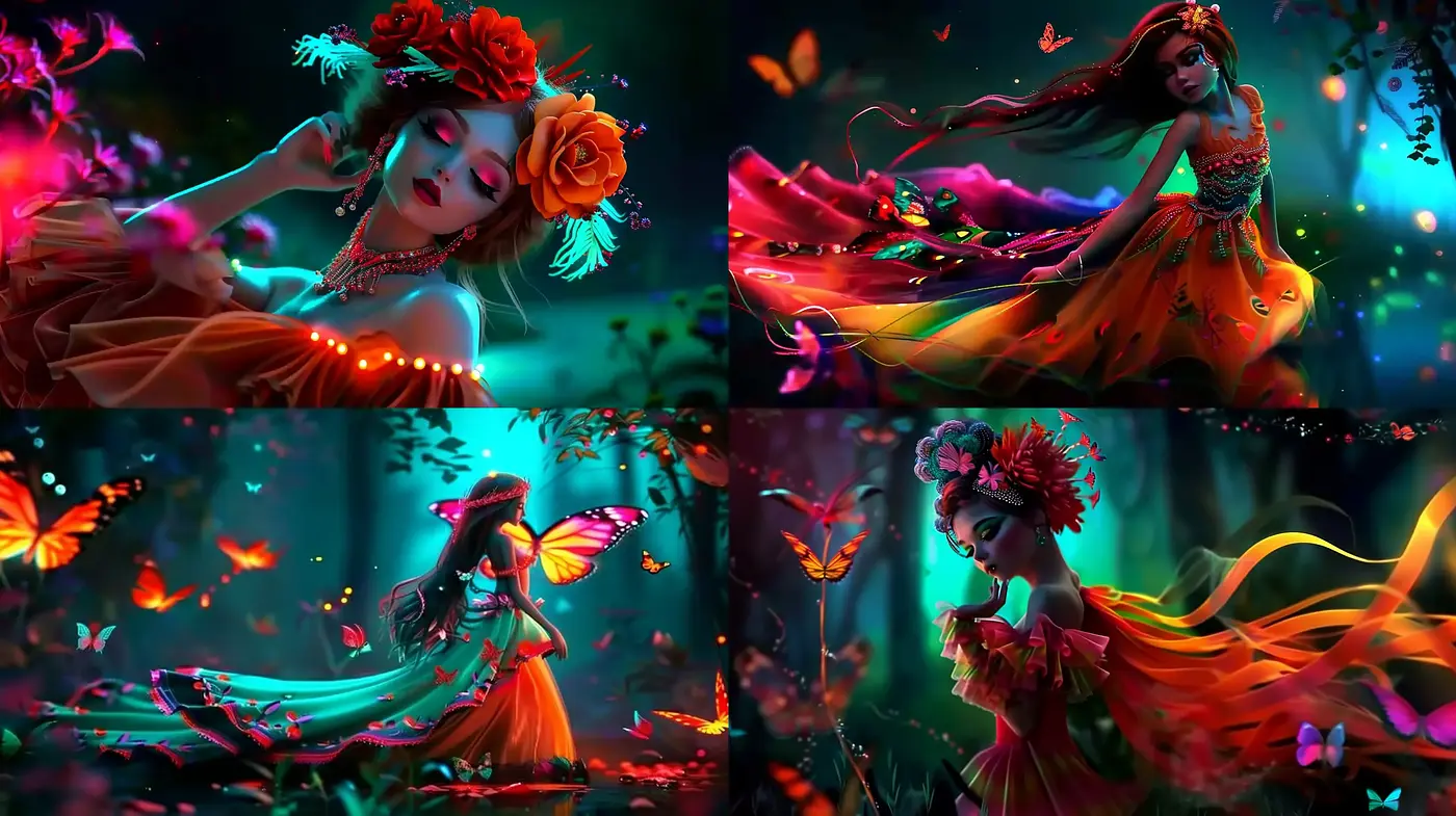 Enigmatic Nocturnal Garden: A Fusion of Vivid Colors and Surreal Fantasy - Midjourney sref style