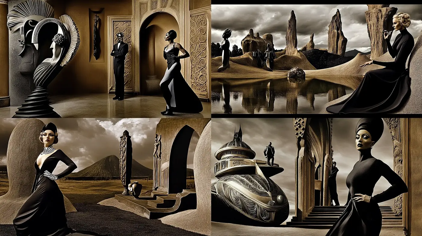 Sepia-Toned Surrealism with Art Deco Elegance - Midjourney sref style