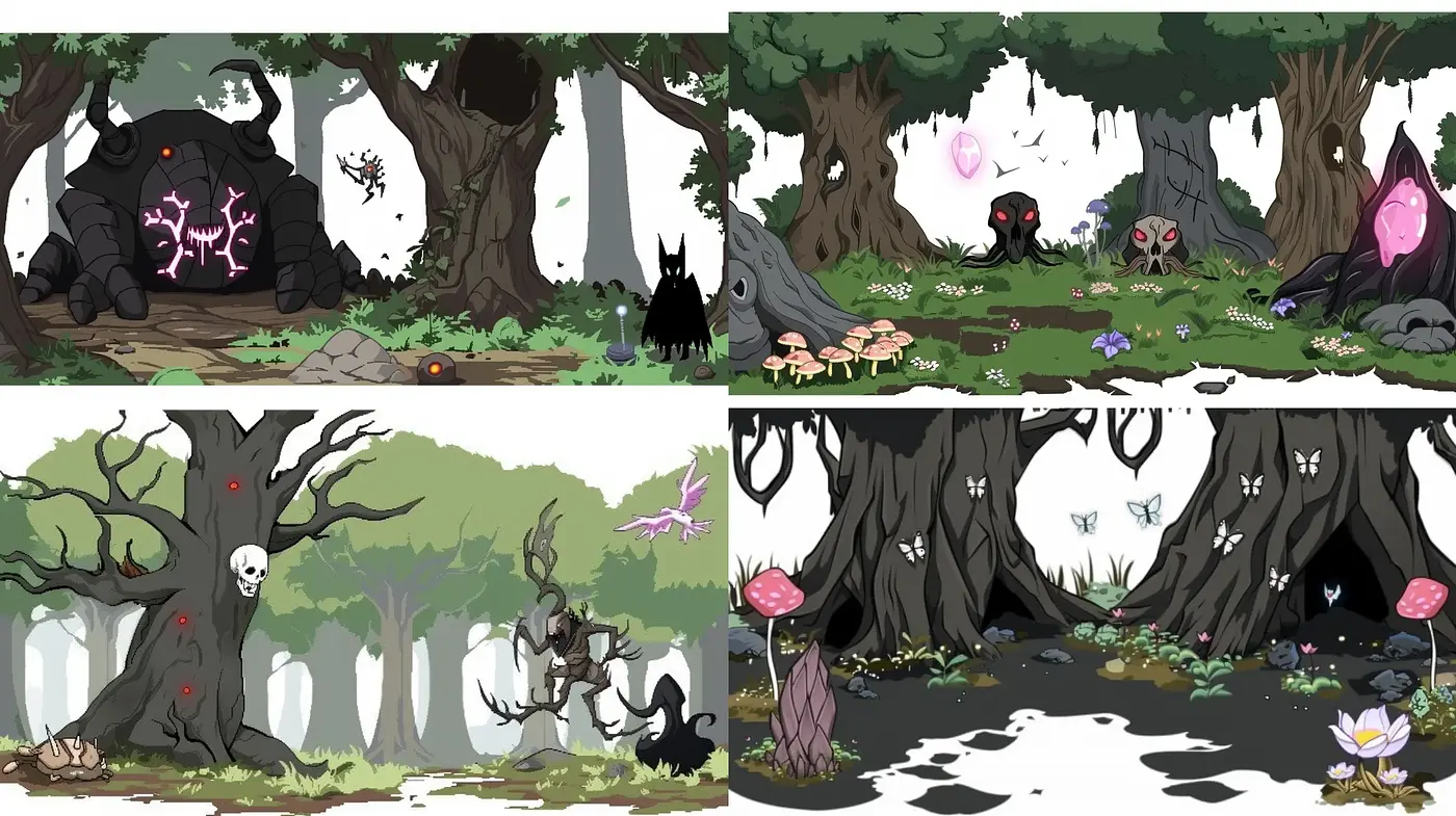 Enchanted Forest Ambiance with a Dark Cartoon Twist - Midjourney sref style