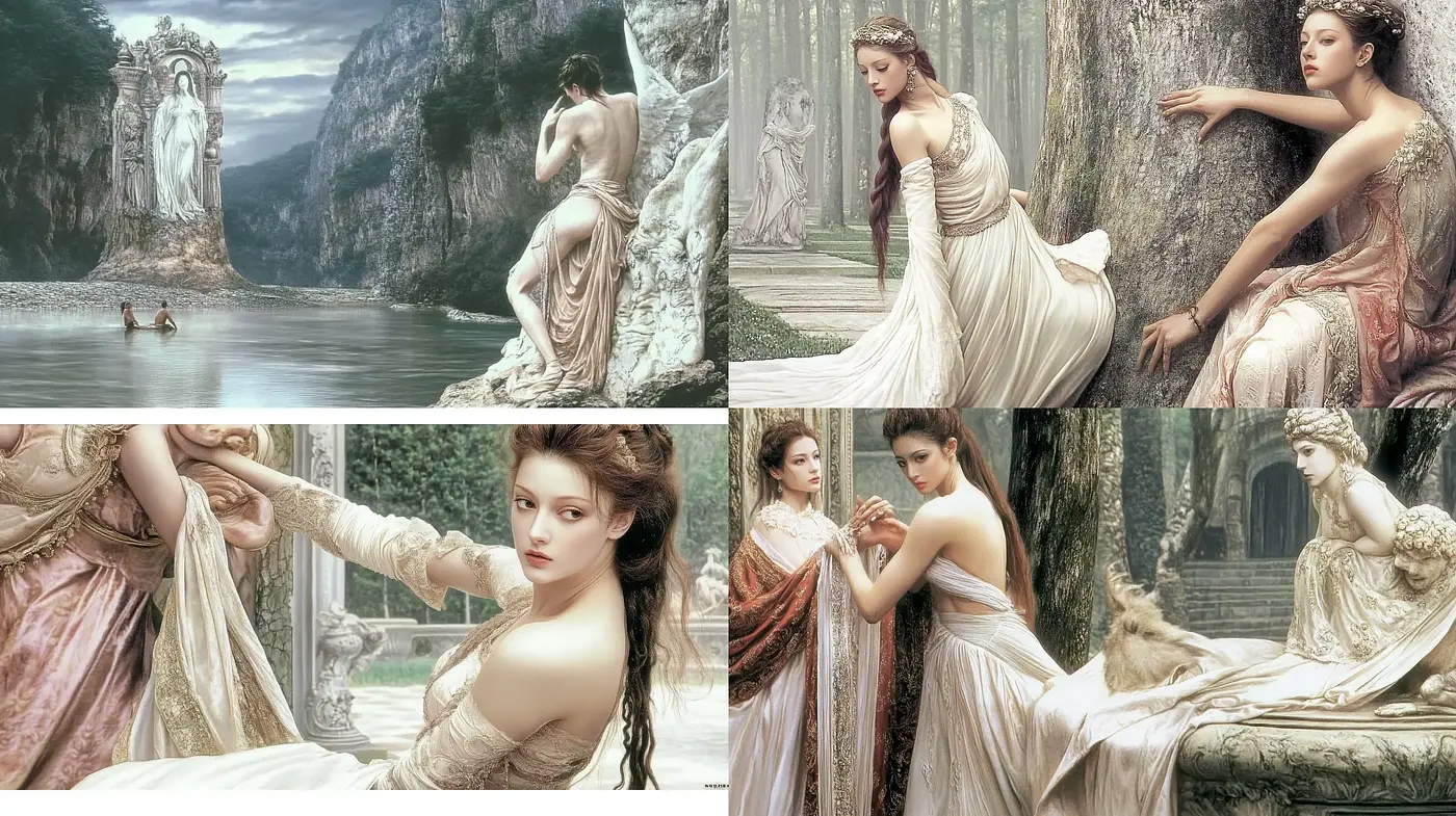 Ethereal Classicism: A Serene Blend of Mythical Elegance and Tranquil Nature - Midjourney sref style
