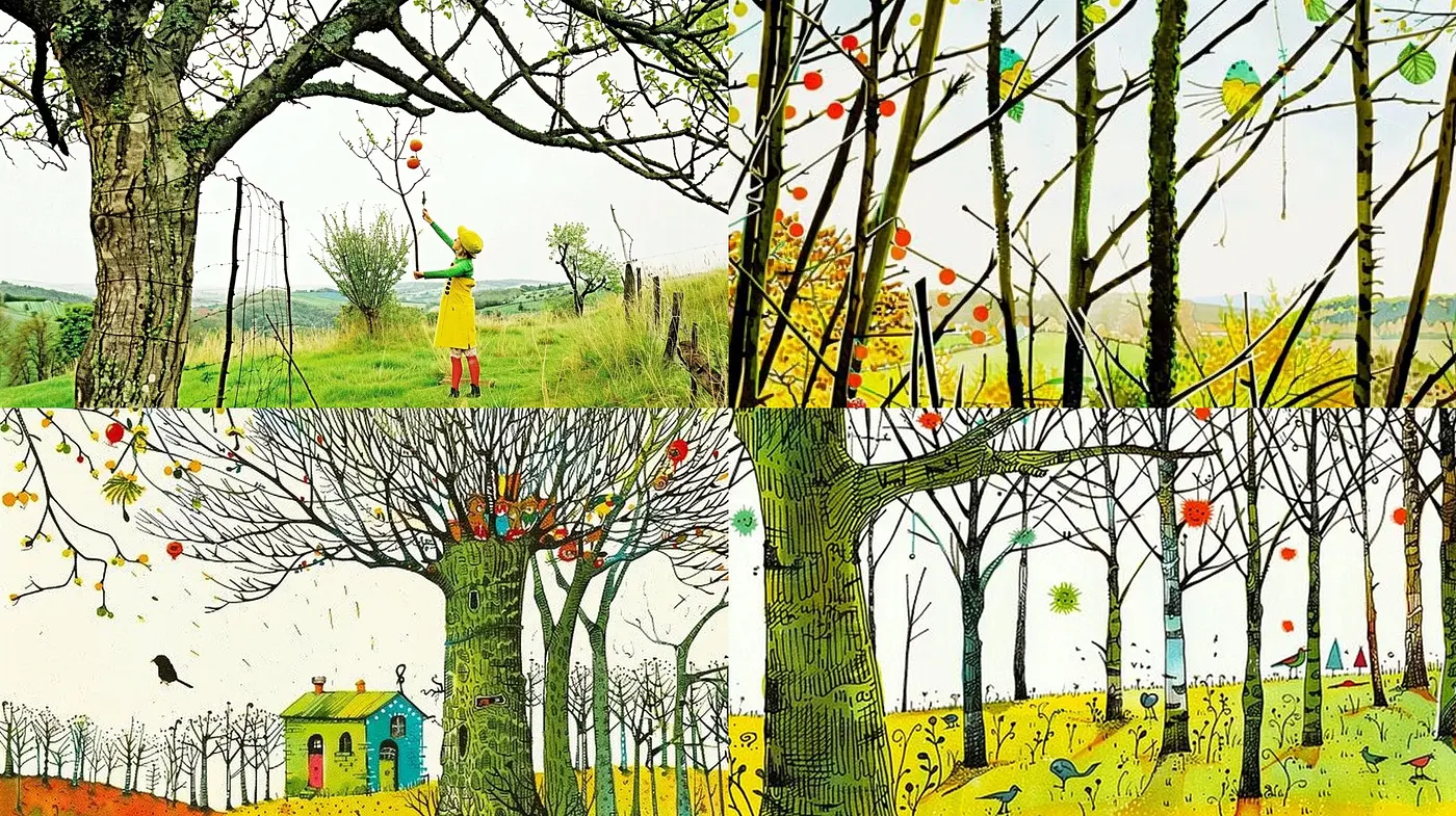 Whimsical Nature in Stylized Seasons: A Study in Mixed Media Textures and Pastel Tones - Midjourney sref style