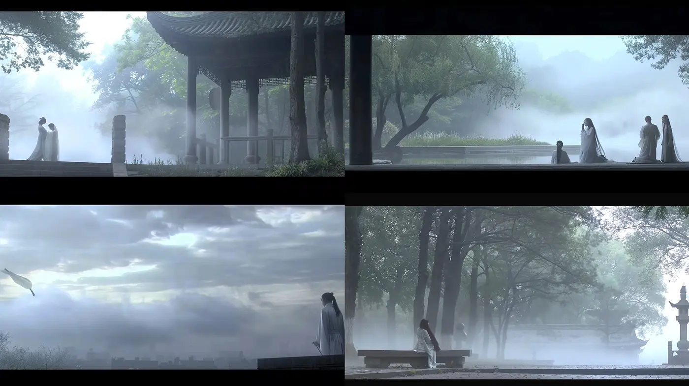 Ethereal Mist and Monochromatic Serenity: A Consistent Visage of Tranquil Scenes - Midjourney sref style