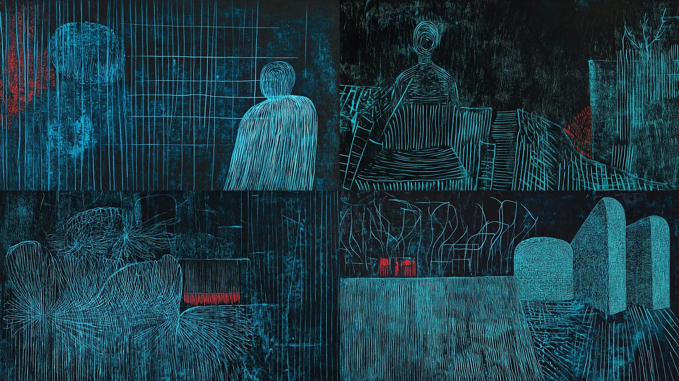 Nocturnal Etching Aesthetic in Indigo and Crimson - Midjourney sref style