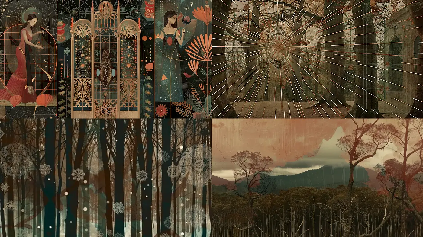 Ethereal Nature-Inspired Tapestry: A Homage to Art Nouveau and Woodblock Print Traditions - Midjourney sref style