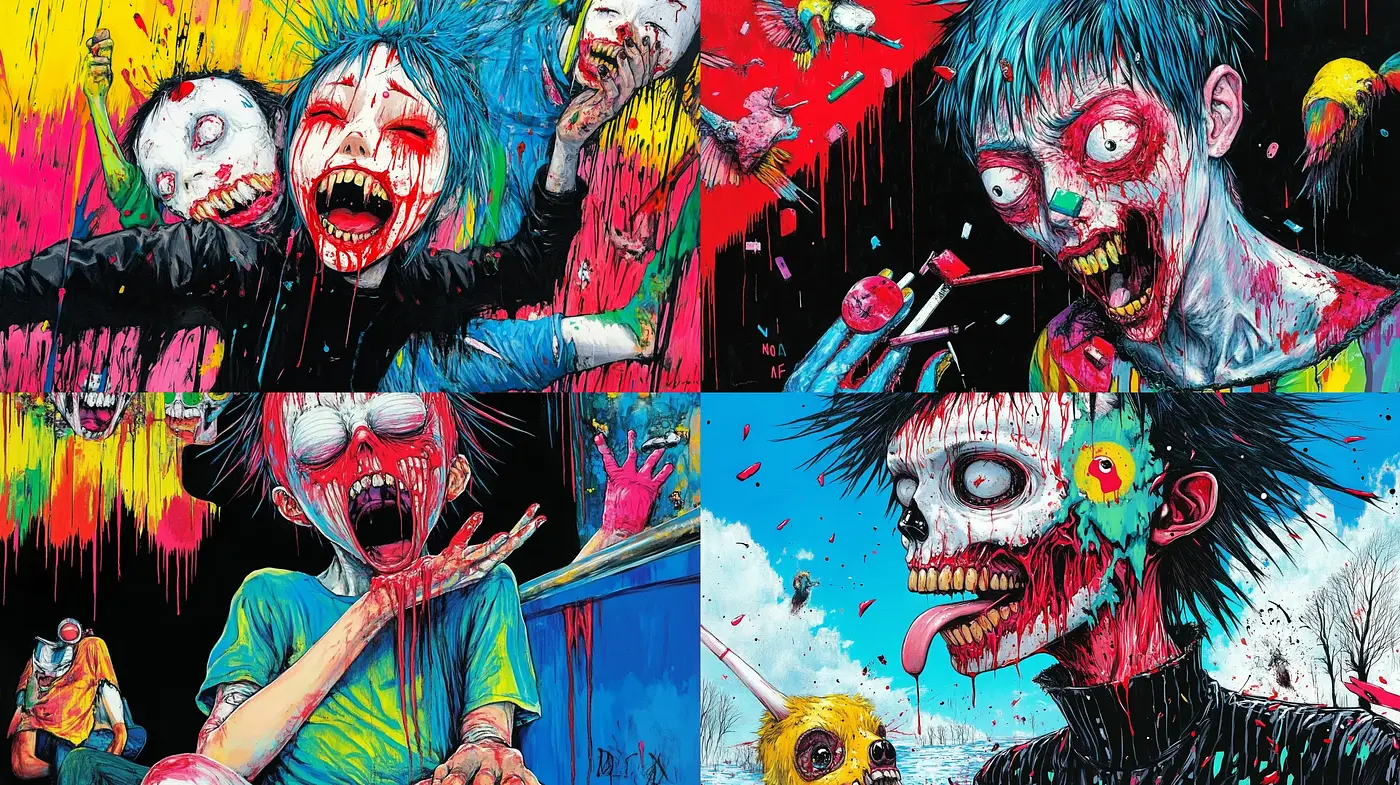 Vivid and Hyper-Expressive Horror Art Fusion - Midjourney sref style