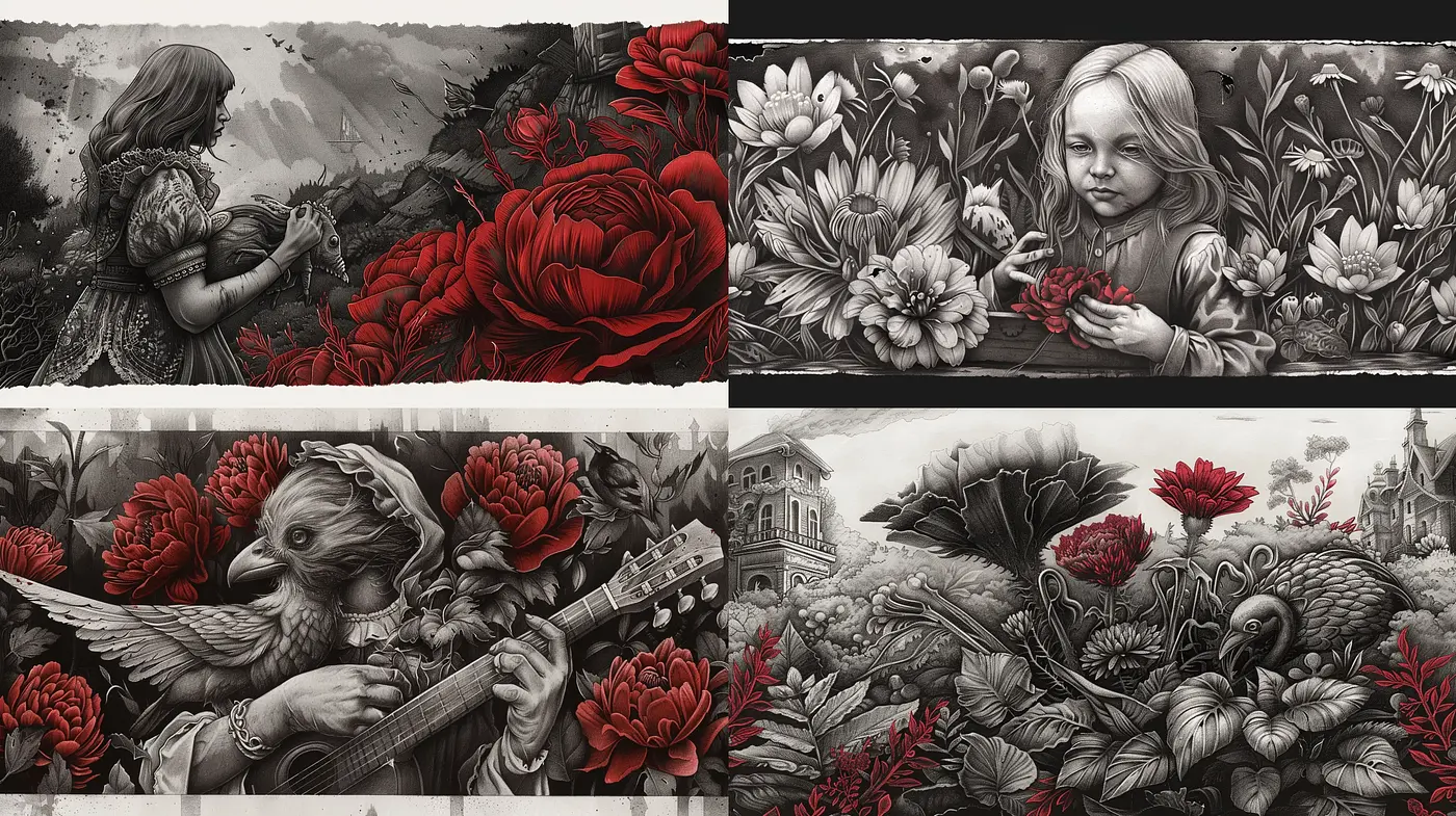 Monochromatic Dreamscape with Surreal Crimson Flora - Midjourney sref style