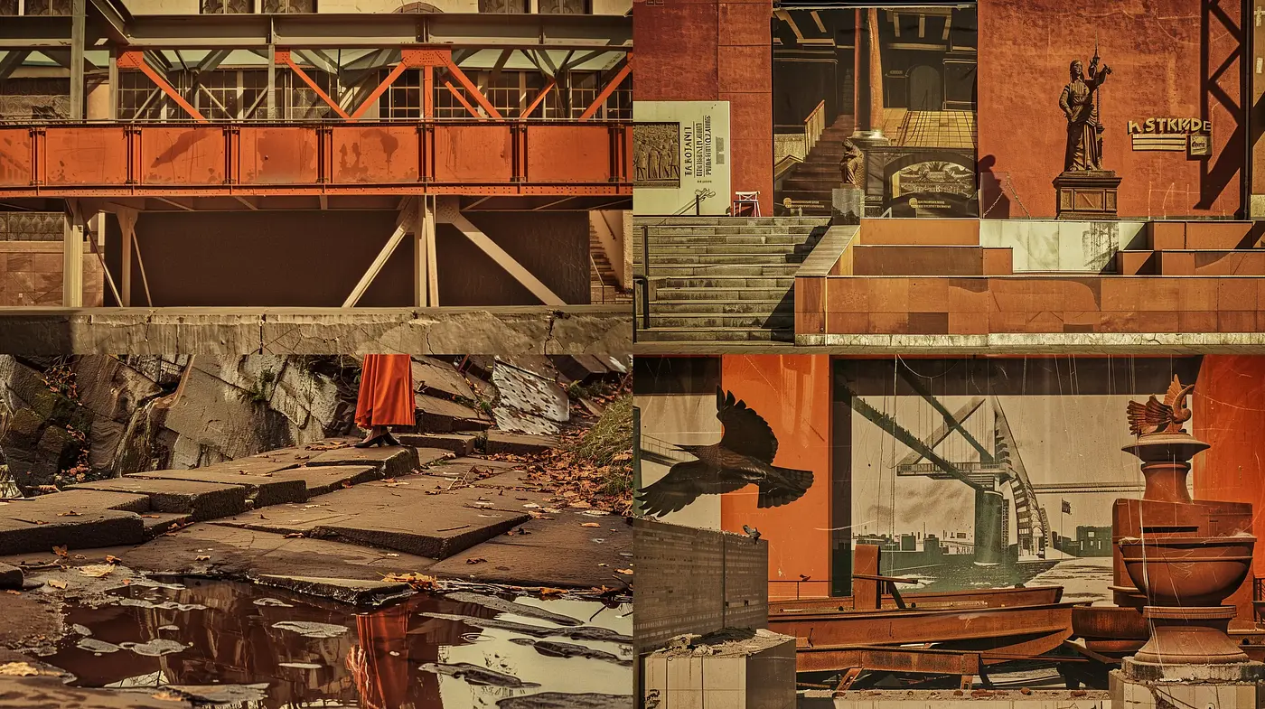 Burnished Tones of Time: A Cohesive Blend of Rustic Industrial and Classical Elements - Midjourney sref style
