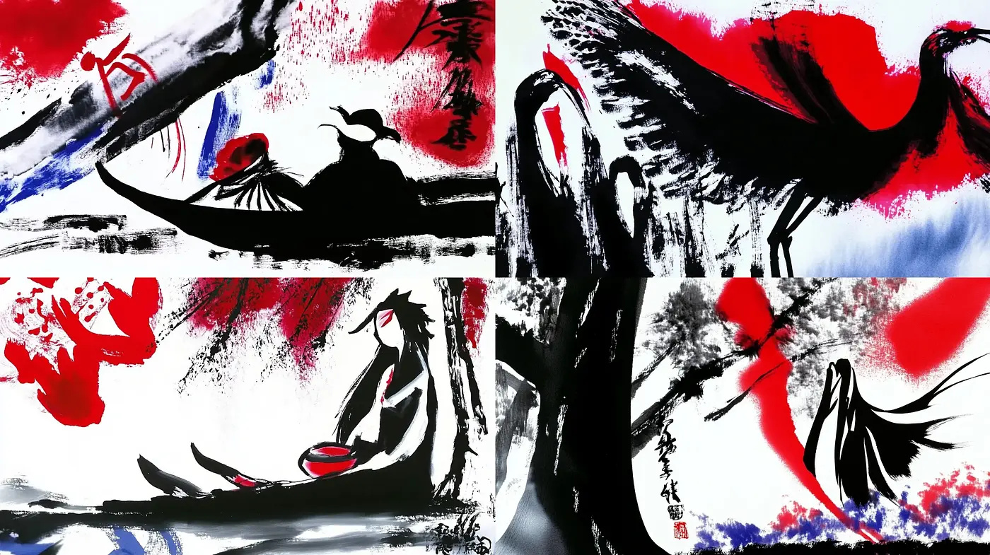Dynamic Brushstrokes in Crimson and Monochrome - Midjourney sref style