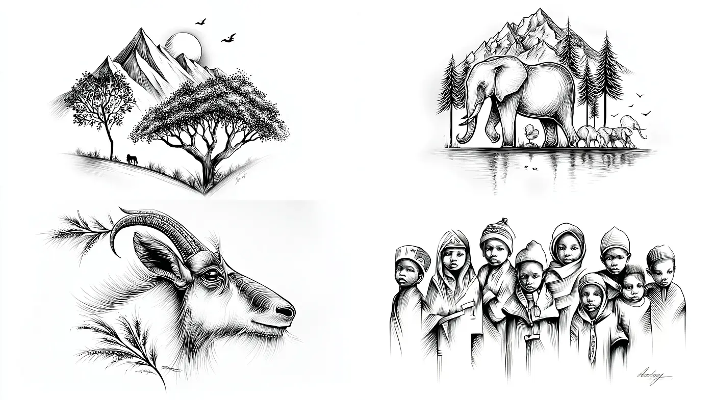 Elegant monochromatic pencil drawings embodying nature and culture - Midjourney sref style