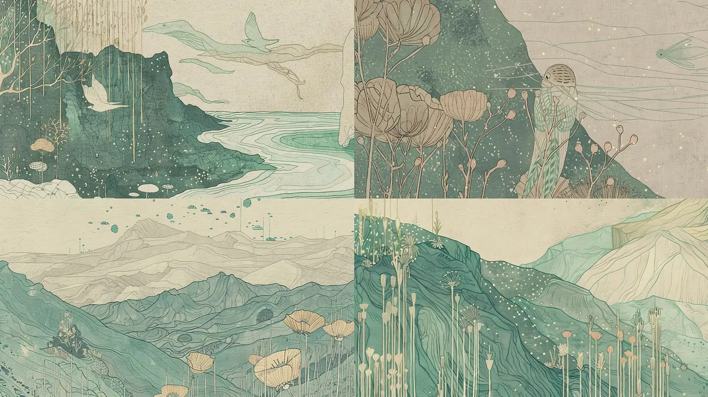 Ethereal Nature in Stylized Pastel: A Serene Tableau of Flora and Fauna - Midjourney sref style
