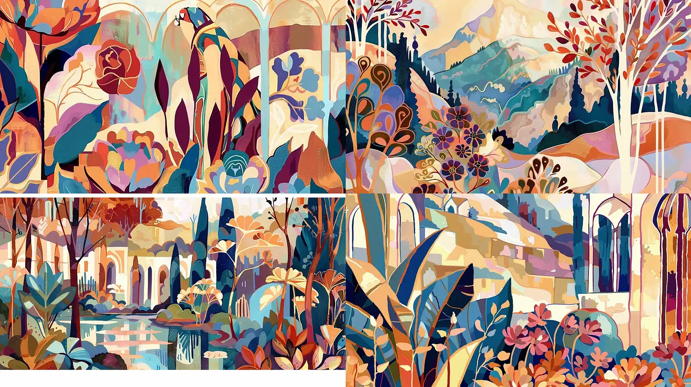 Vibrant Stylized Nature Tapestry in Art Nouveau Fashion - Midjourney sref style