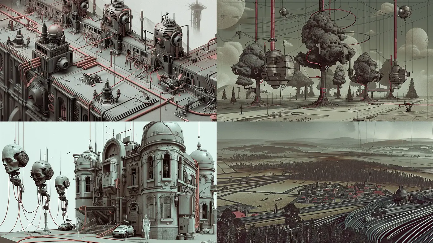 Sepia-Toned Futuristic Industrial Elegance - Midjourney sref style