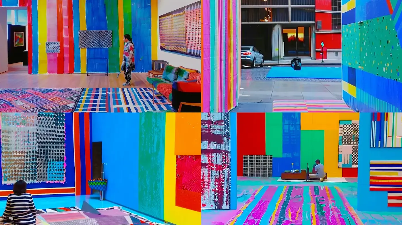 Vibrant Abstract Interiors with Geometric Patterns and Bold Colors - Midjourney sref style