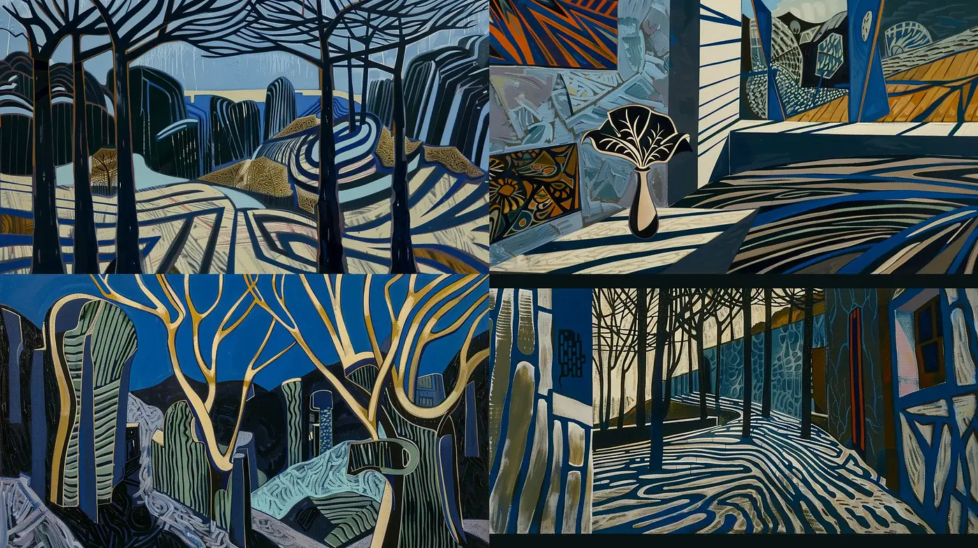 Enigmatic Arboreal Silhouettes: A Synthesis of Bold Contours and Shadow Play - Midjourney sref style