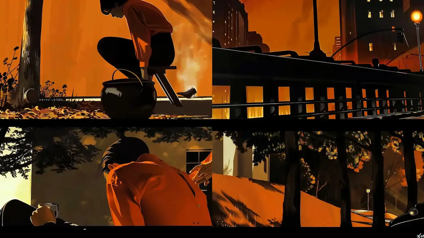 Cinematic Narratives with a Warm Palette and Dynamic Composition - Midjourney sref style