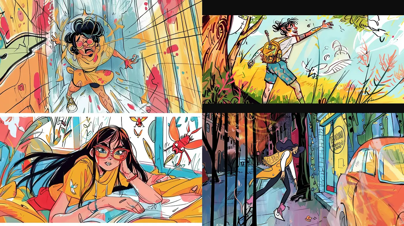 Energetic Comic Book Tableau with Expressive Linework and Vibrant Hues - Midjourney sref style