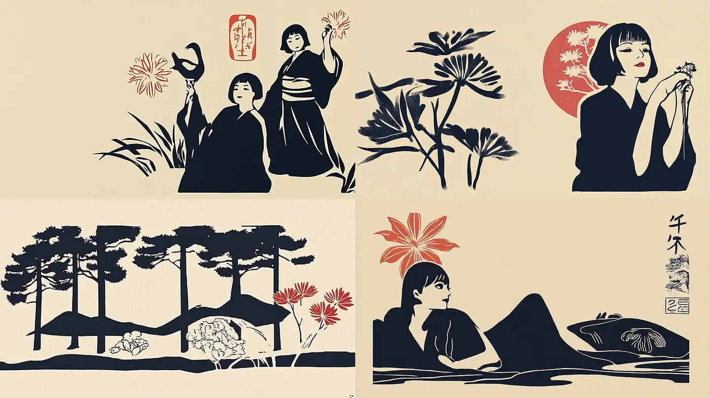 Elegant Monochromatic Silhouette Art with Japanese Cultural Overtones - Midjourney sref style